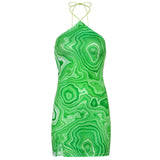 Green Fairycore Dress Summer Fashion Women's Wear Sexy Colorful Whirlpool Print Dress
