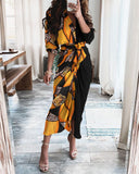 Red Peasant Dress Summer Long-Sleeve V-neck Buttons Printed Dress Long Dress Women's Dress