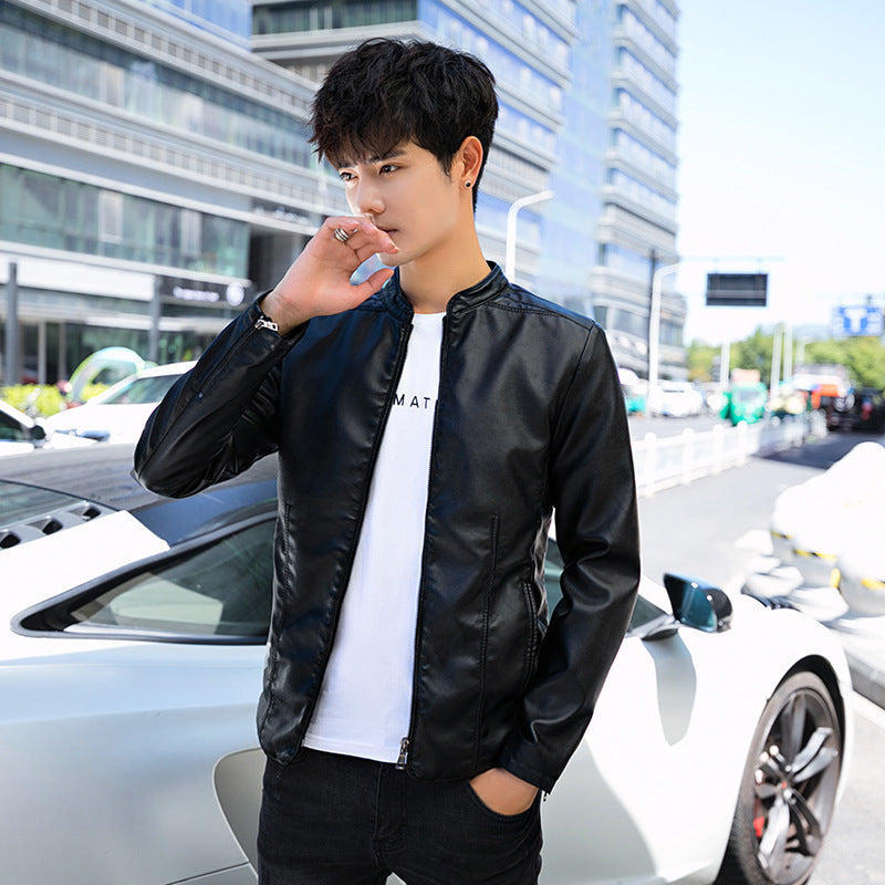 80's Leather Jacket Men's Jacket Autumn and Winter Thin Coat Fleece-Lined Thickened Motorcycle Clothing Men's PU Leather Coat Men