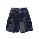 Men Jean Shorts Stitching Denim Shorts Men's Street Large Pocket Loose Straight Shorts