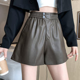 Leather Shorts Autumn and Winter High Waist Slimming Casual Pants A- line Wide Leg Pants