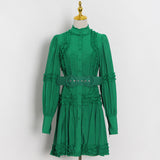 Green Fairycore Dress Chiffon Skirt Summer Solid Color Patchwork Waist-Slimming Lace-up Single-Breasted Dress