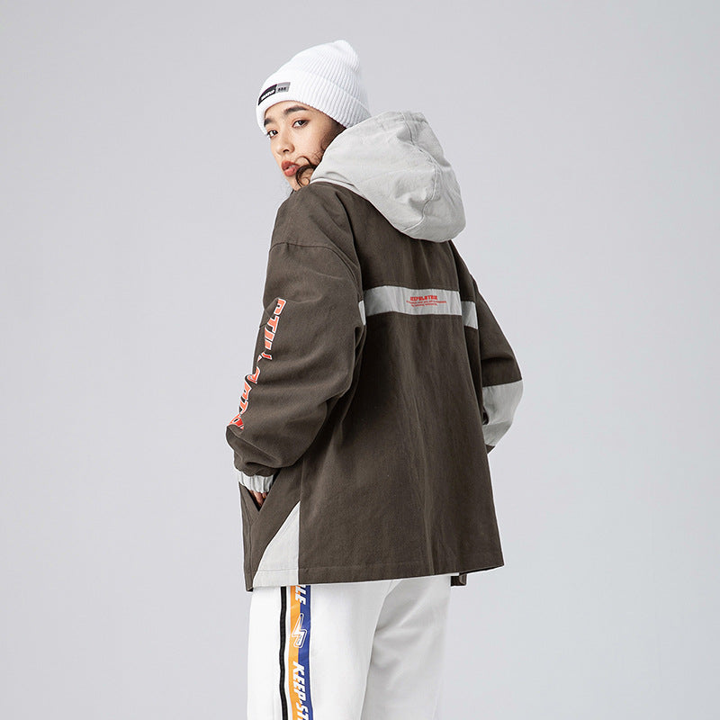 Men's Spring Large Size Sports Retro Hooded Pullover Jacket Men's Stitching Contrast Color Top Clothes Men Jacket