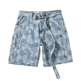 Mens Jean Shorts Retro Washed Plaid Denim Shorts Men's Summer Street Tide Brand Loose Casual Straight-Leg Shorts