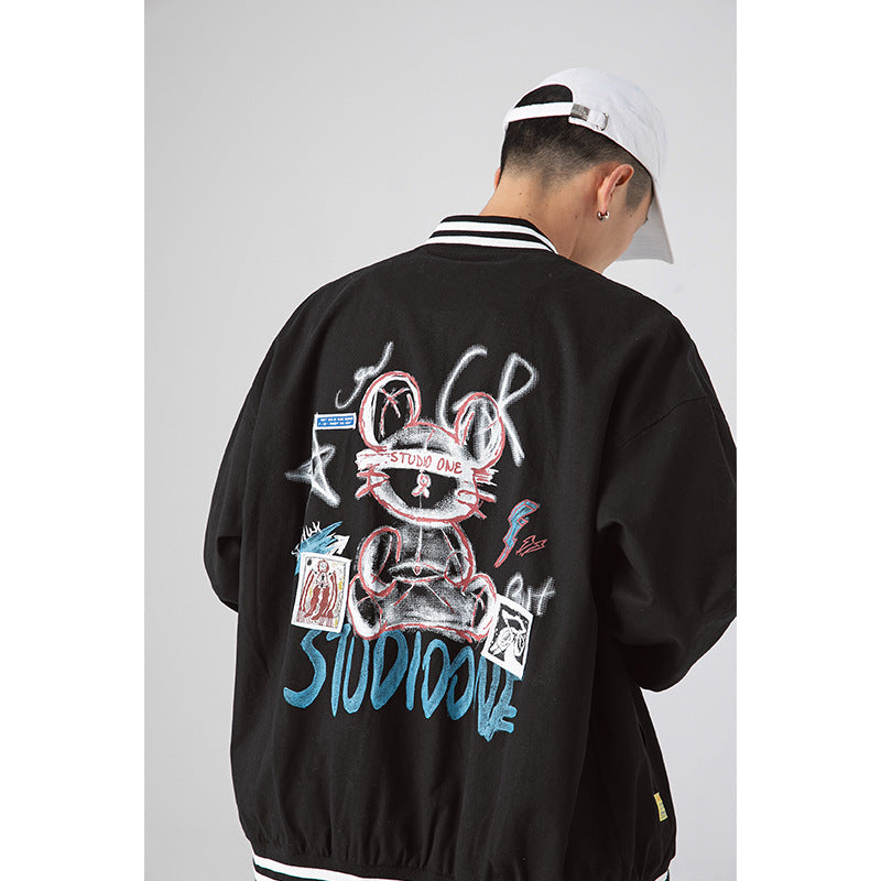 Spring Cartoon Printed Baseball Collar Jacket Male Student Large Size Sports Retro Jacket Neutral Men Jacket