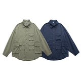 Men Shacket Long Sleeve Autumn Shirt Autumn Retro Workwear Shirt Creative Multi-Pocket Turn-down Collar Coat