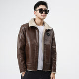 80's Leather Jacket Men's Leather Coat Winter Fleece-Lined Thick Fur Collar Cardigan Jacket Warm Coat