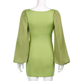 Green Fairycore Dress Midriff Outfit Hollow Hip Lifting Skirt Summer Puff Sleeve Irregular Waist-Baring Dress