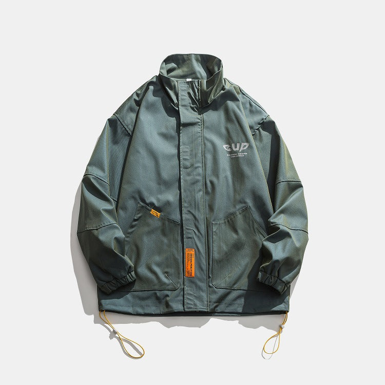 Men's Spring plus Size Retro Sports Solid Color Stand Collar Coat Special Jacket Neutral Top Trendy Men Shacket