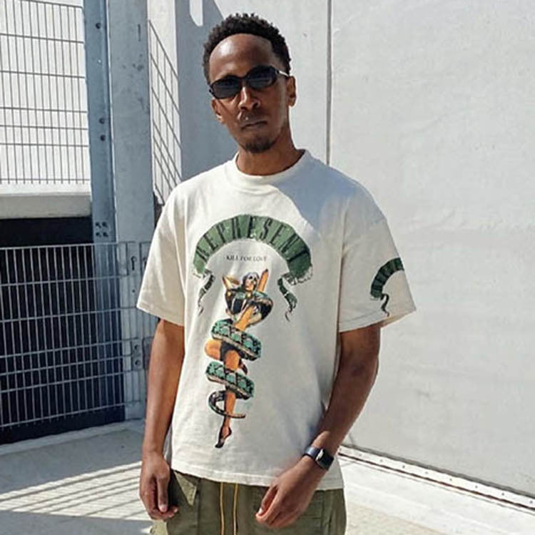 Present Letter Print T Shirt Vintage Distressed Beauty Python Print Loose Hip Hop round Neck Couple Short Sleeve T-shirt