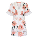 Russian Style Dress V-neck Printed Lace Stitching Lace Cool Dress