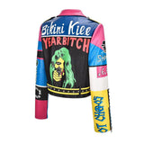 Graffiti PU Leather Jacket Heavy Industry Rivets Fashion Winter Punk Pu Jacket Short Slim-Fitting Biker Leather Coat