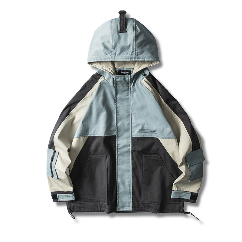 Men's Spring Trendy Contrast Color Stitching Large Size Sports Retro Workwear Hooded Jacket Men's Youth Jacket Men Jacket