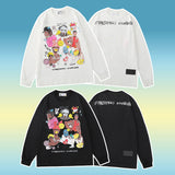 Mens Fall Outfits Cartoon Printed Long-Sleeved T-shirt Top Loose Round Neck Sweater