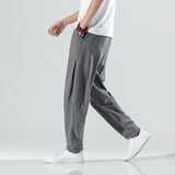 Men Casual Pants plus Size Loose Trousers Summer Men's Striped Casual Pants Loose Cotton Linen Fabric Retro Wide Leg Ankle-Tied Harem Pants