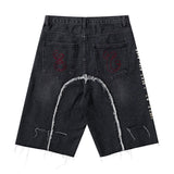 Men Jean Shorts Frayed Hem Design Denim Shorts Men's Decorative Rivets Casual Straight-Leg Middle Pants