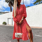 Red Peasant Dress Autumn and Winter Long Sleeve Printed Sexy Waist Slit Midi Dress for Women