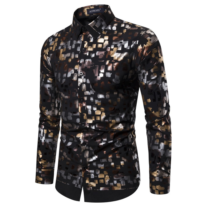 Spring and Summer Trendy Nightclub Flash Bronzing Stretch Men's Casual Long-Sleeved Men Shirt