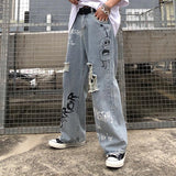 Anime Print Jeans Denim Pants Denim Loose Wide-Leg Straight Trousers Men