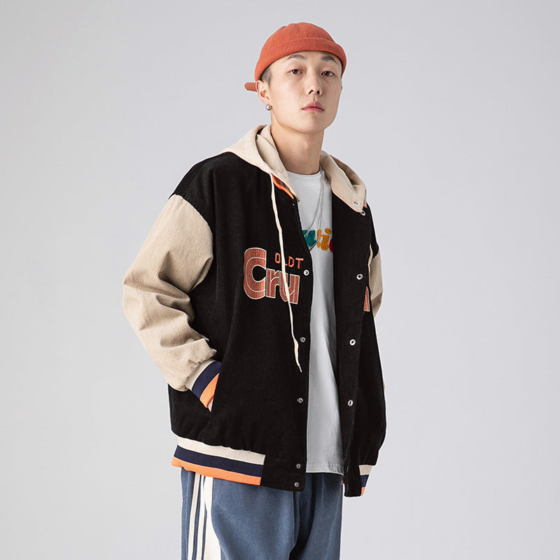 Men's Large Size Sports Retro Jacket Men's Color Matching Student Hooded Jacket Men's Loose Casual Jacket Men's Baseball Uniform Men Jacket