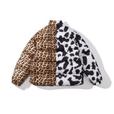 Men Fall Outfits High Street Thickened Cotton-Padded Coat Cow Leopard Print Color Matching Bread Coat Loose Couple Jacket Coat