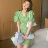 Green Fairycore Dress French Style Retro Anti-Aging Floral Dress Women's Skirt
