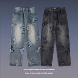 Men Fall Outfits Hip Hop High Street Distressed Letters Washed Denim Trousers
