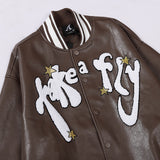 Two Tone Leather Jacket Letter Embroidered Long Sleeve Baggy Coat Men's and Women's Leather Baseball Uniform
