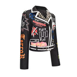 Graffiti PU Leather Jacket Winter Graffiti Rivet Fashion Punk Pu Jacket Slim-Fitting Biker Leather Coat