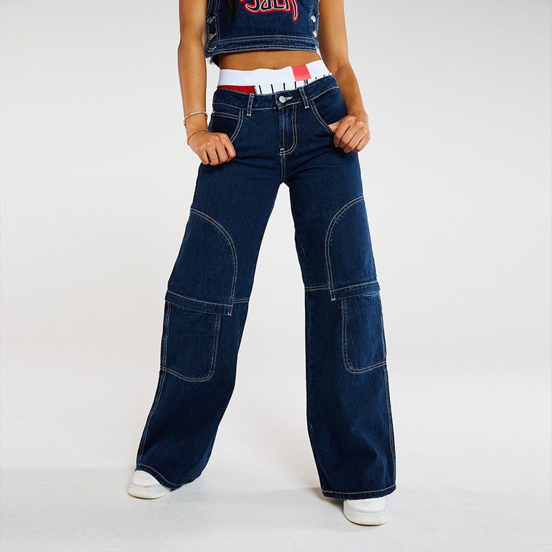 Low Rise Jeans Autumn and Winter Large Pocket Loose Wide Leg Pants Jeans for Women