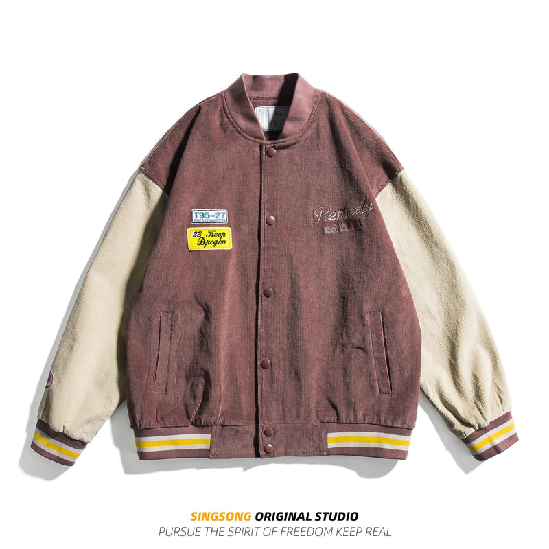 Varsity Jacket for Men Baseball Jackets Men Retro Street Trendy Patchwork Contrast Color Corduroy Embroidered Baseball Uniform Coat