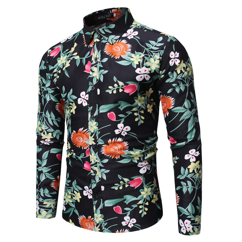 Men's Personality Fashion Printed Shirt plus Size Casual Beach Long Sleeve Shirt Men's Shirt