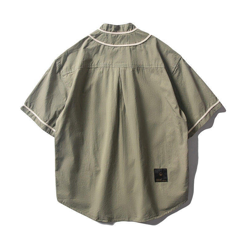 Varsity Jacket for Men Baseball Jackets Short Sleeve Shirt Men Spring and Summer Retro Street Trendy Unique Contrast Color Baseball Collar Casual Shirt