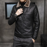 80's Leather Jacket Winter Leather Coat Men's Fleece-Lined Warm Middle-Aged Lapel Leather Jacket Coat