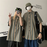 Harajuku Clothing Men's Casual Shirts Summer Vintage Stripe Short Sleeve Loose Shirt Men's and Women's Casual Cardigan Top
