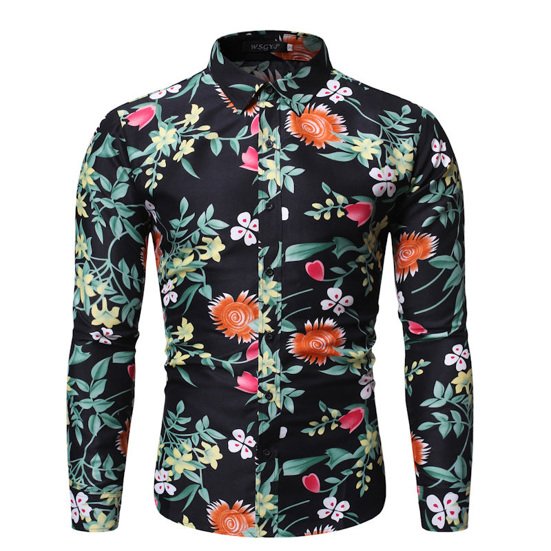 Men's Personality Fashion Printed Shirt plus Size Casual Beach Long Sleeve Shirt Men's Shirt