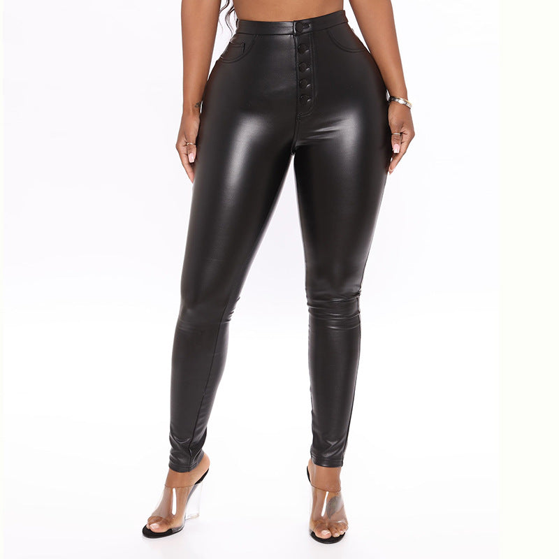 Faux Leather Pants Spring/Summer High Waist Sheath Tight Bottoming Pencil Pants Trousers for Women