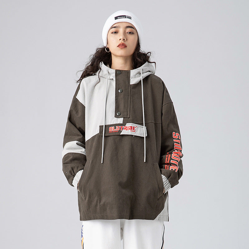 Men's Spring Large Size Sports Retro Hooded Pullover Jacket Men's Stitching Contrast Color Top Clothes Men Jacket