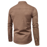 Men's Spring Shirts Casual Collar Tops Shirt Spring and Autumn Cotton Linen Long Sleeve Blouse Men's Solid Color Stand Collar Shirt Fashion