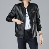 Women's Leather Jacket with Patches Embroidered Sequin Women's Baseball Collar Leather Jacket Cropped Leather Coat