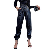 Black Leather Pants Matte Ankle-Tied Pu Overalls Women's Drawstring Retro Autumn and Winter Leather Pants