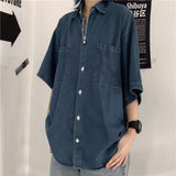 Harajuku Clothing Men's Casual Shirts Summer Denim Shirt Top Short Sleeve Loose Shirt for Men and Women