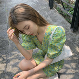 Green Fairycore Dress French Style Retro Anti-Aging Floral Dress Women's Skirt