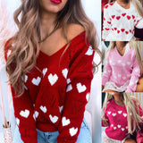 Valentine'S Day Outfits Autumn And Winter Pine Pullover V-Neck Love Off-The-Shoulder Hollow-Out Sexy Knitwear