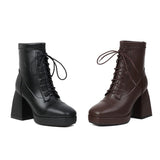 Coachella Festival Boots Spring Square Toe Laces Solid Color Waterproof Platform Thick Heel High Heel Short Boots
