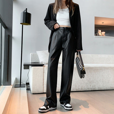 Faux Leather Pants Fall/Winter Wide-Leg Leather Pants Women's Casual Loose Straight Long Pants High-Waisted Trousers Suit Pants
