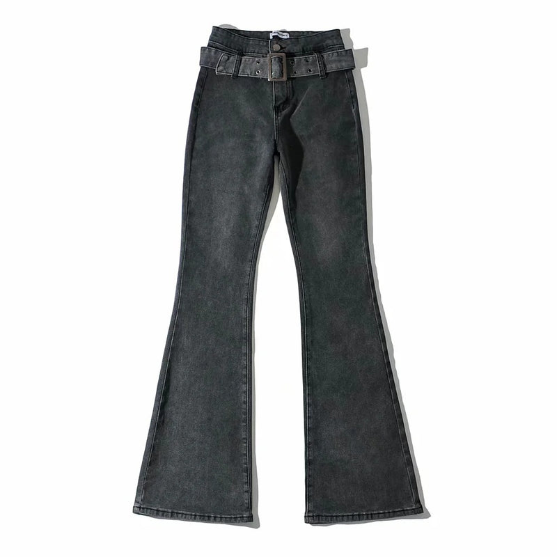100 Cotton Jeans Women Autumn with Belt High Waist Stretch Slim Denim Bell-Bottom Pants