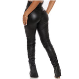 Faux Leather Pants Autumn Fashion Sexy Tight Pleated High Waist Stretch Split PU Leather Pants
