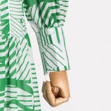 Green Fairycore Dress Pastoral Style Green Dress Autumn Small Stand Collar Single-Breasted Printing and Dyeing High Waist Big Swing Dress