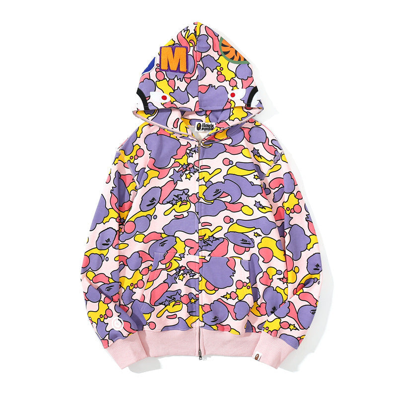 A Bath Ape Autumn and Winter Shark Head Hooded Zipper Men and Women Cardigan Coat Outerwear